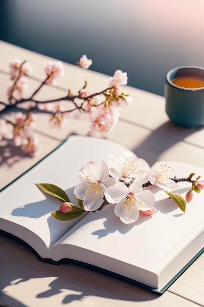 An open book with cherry blossoms and cup of tea Generative AI