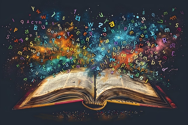 Open Book with Colorful Floating Letters from Various Languages and Explosion of Creative Energy