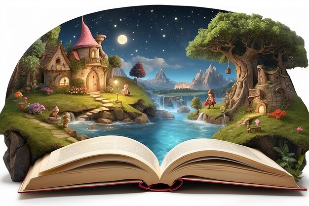 Photo open book with fairytale scene