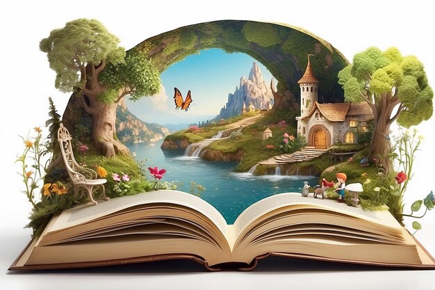 Photo open book with fairytale scene