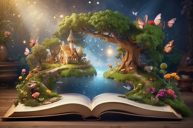 Photo open book with fairytale scene