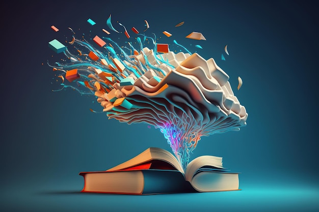 Open book with fantastic levitation glowing brain and colorful splash