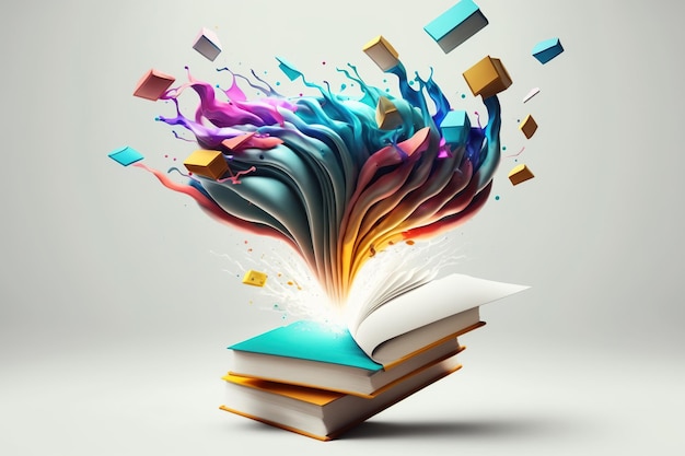 Open book with fantastic levitation glowing brain and colorful splash