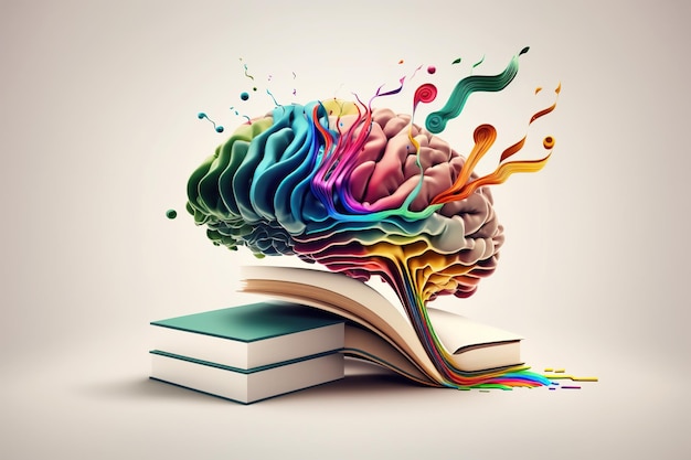 Open book with fantastic levitation glowing brain and colorful splash