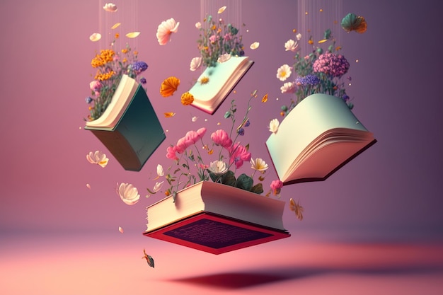 Open book with fantastic levitation glowing colorful flowers splash