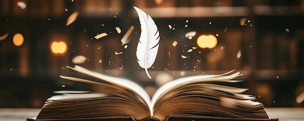 Photo open book with feather floating above revealing story in library