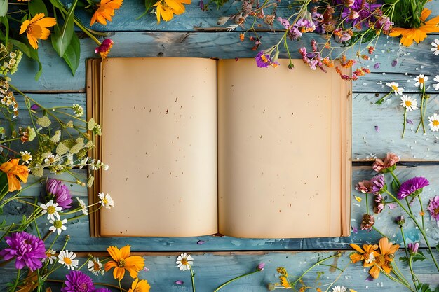 an open book with flowers and a wooden background