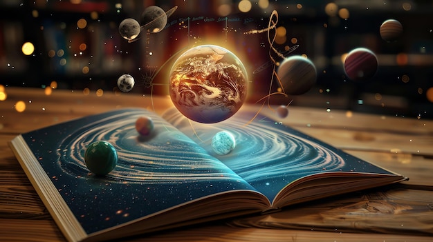 An open book with a galaxy inside and planets floating above