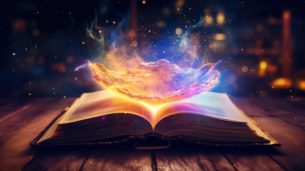 Open book with galaxy milky way stars other dimension cloud space Made with background Generative AI