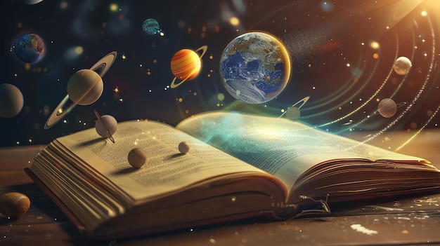 Open book with glowing planets and stars emanating from its pages