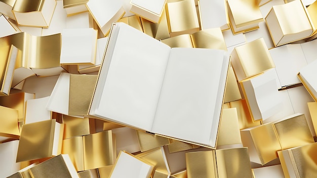 Photo open book with golden edges surrounded by closed books