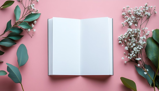 Photo open book with green leaves and white flowers on a pink background