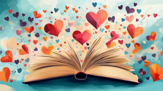 Photo an open book with hearts floating out of it symbolizing the joy and love of reading imaginati