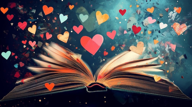 Photo an open book with hearts flying out of it symbolizes the joy of reading imagination love for