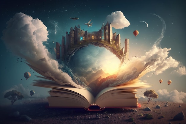 Open book with house and sky magic nature world