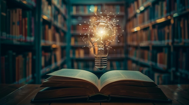 Open Book with Illuminated Light Bulb Symbolizing Knowledge and Creativity a Conceptual Illustration