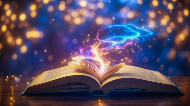 Open book with lightning on the background of a glowing bokeh