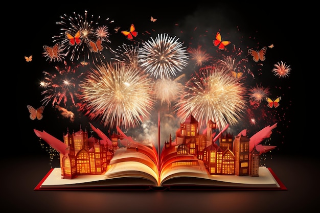 Open book with magic flying butterflies and firework