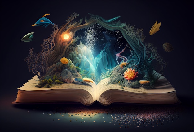 Open book with magic symbols and lights Elegant glowing background generative ai