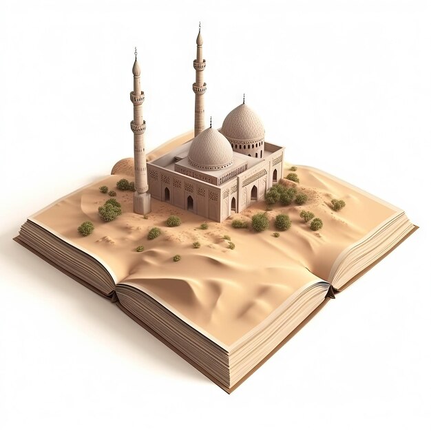 An open book with a mosque on it.