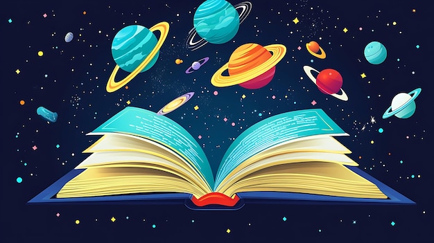 Photo open book with outer space spilling out vector art flat