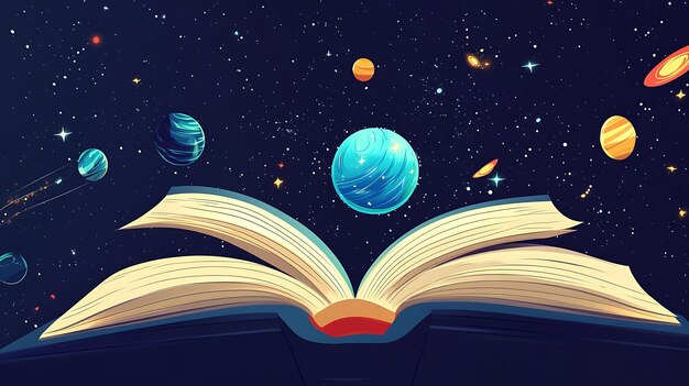 Photo open book with outer space spilling out vector art flat