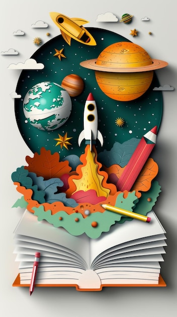 Photo an open book with a paper cutout design featuring a rocket planets and stars representing the topic