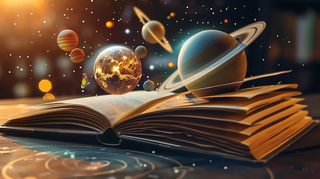 Open book with planets and stars floating above it representing knowledge and imagination