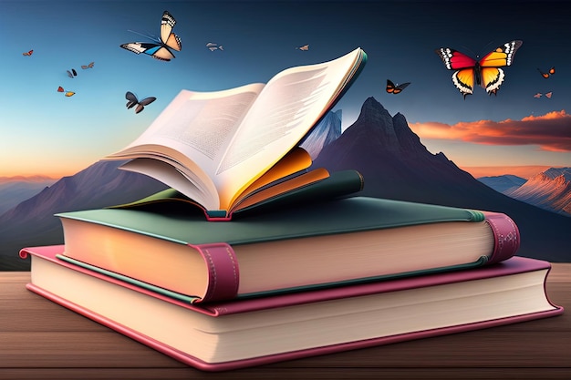 An open book with purple butterflies flying above it