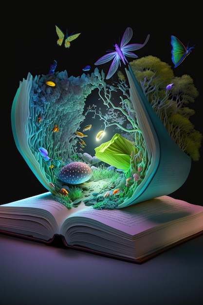 Open book with splashing magic landscapes nature world fairytale