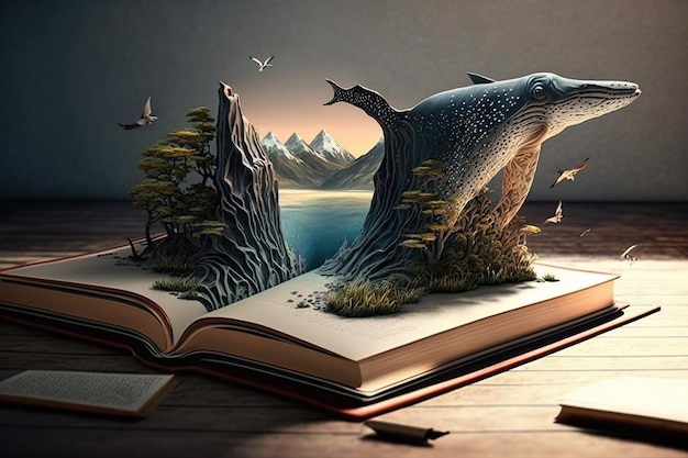 Open book with splashing magic underwater world with marine life