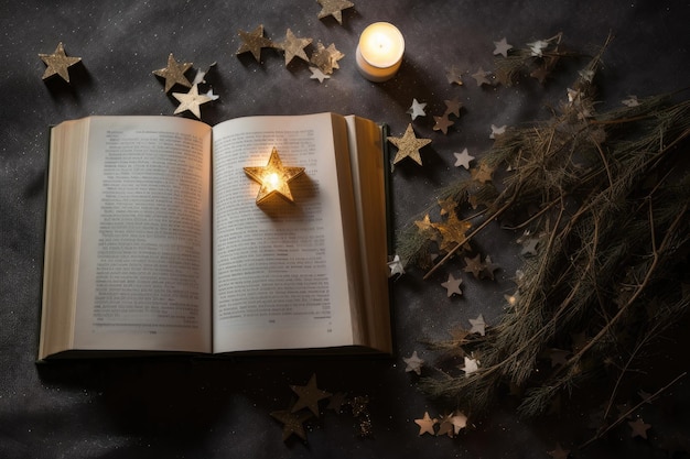 An open book with a star shaped candle on it