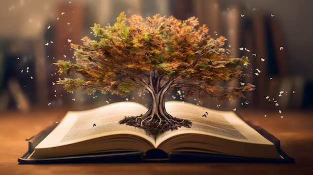 An open book with tree growing out of it Generative AI