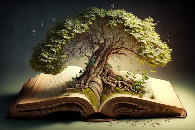 An open book with tree growing out of it Generative AI