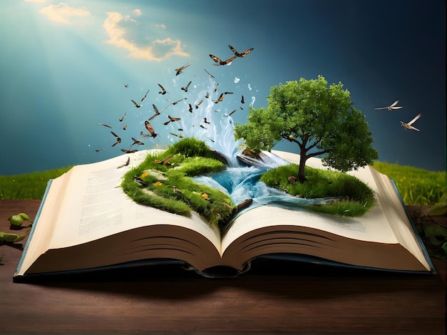 an open book with a waterfall trees and butterflies coming out of it