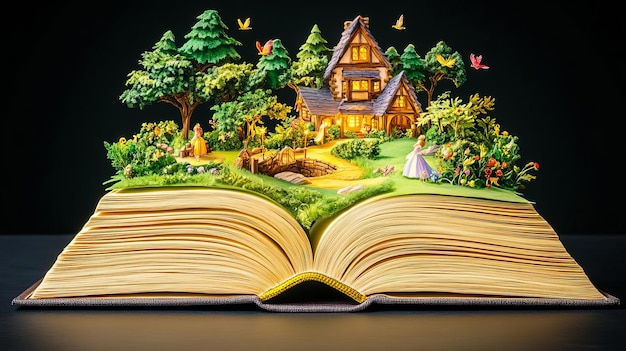 Photo an open book with yellowed pages revealing a beautifully illustrated fairytale scene