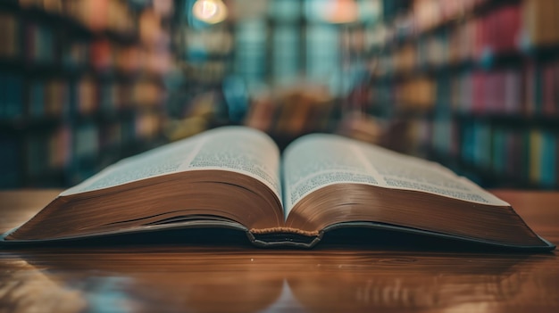 Open book on a wooden table against a blurred library background