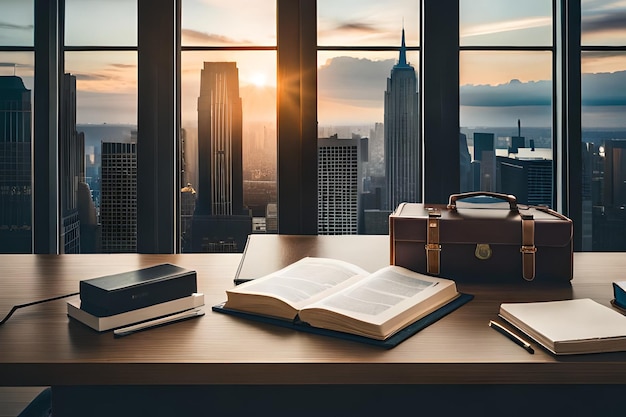 An open book on a wooden table in front of a window overlooking the city during sunset