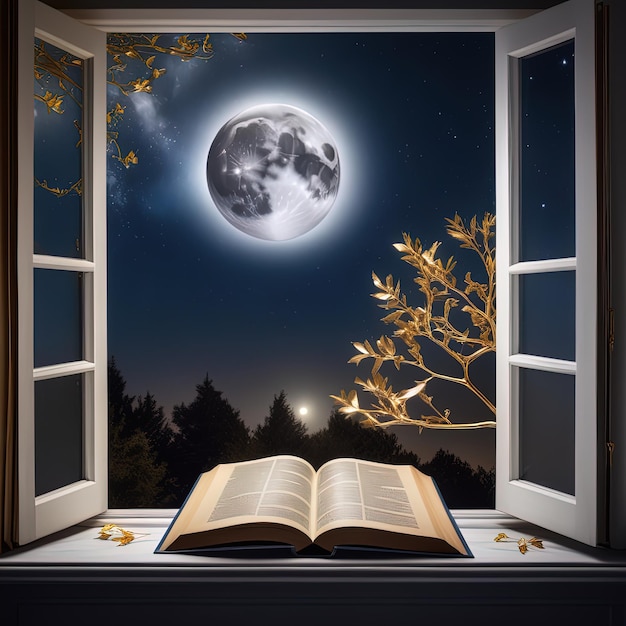 open book on a wooden table at the night sky backgroundopen open book and a moon with a window