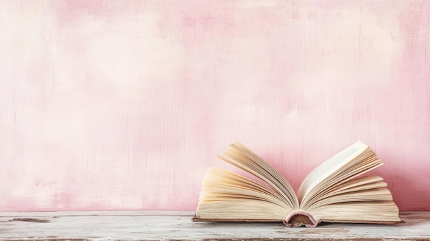 Photo open book on wooden table with pink background minimalistic vintage concept