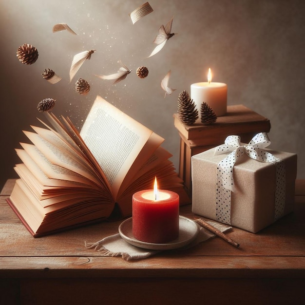 An open book on a wooden table with red caldle and gift Book lover