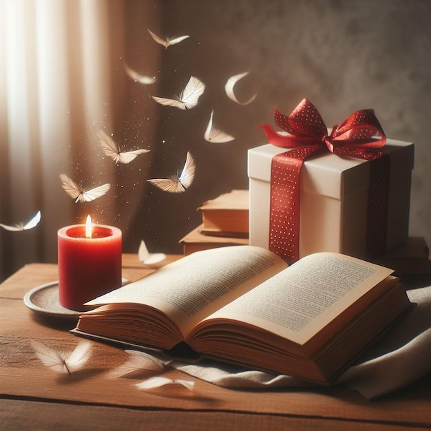 An open book on a wooden table with red caldle and gift Book lover