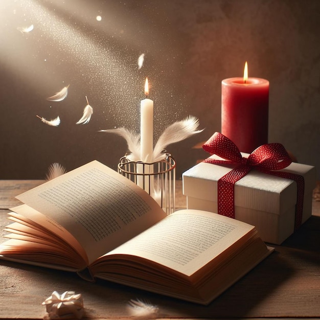 An open book on a wooden table with red caldle and gift Book lover