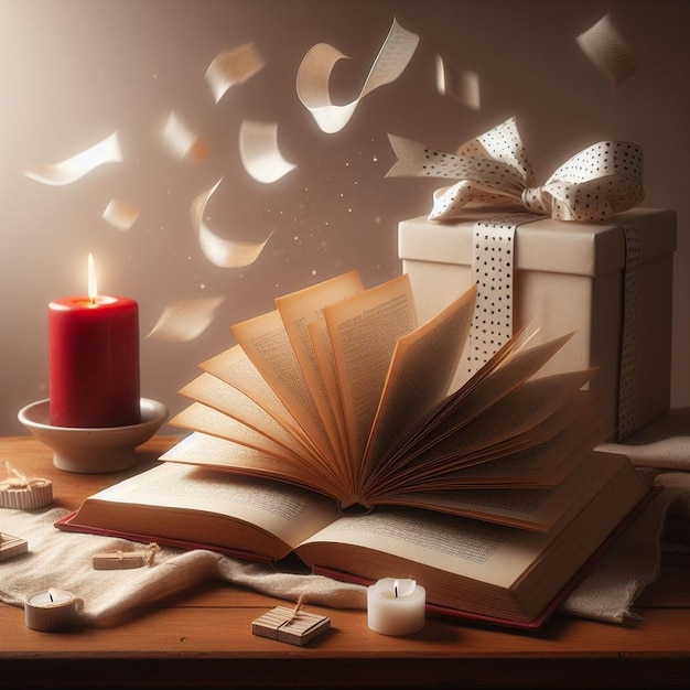 An open book on a wooden table with red caldle and gift Book lover