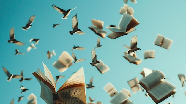 Open books and birds flying in the sky