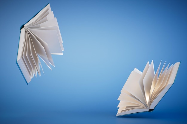 Open books flying on a blue background copy paste copy space 3D render