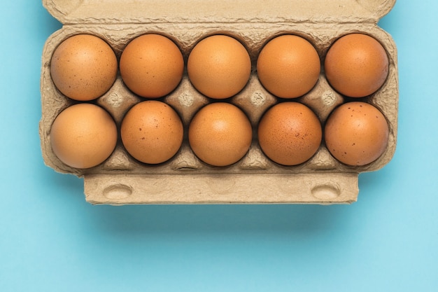 An open box of eggs on a light blue background. A natural product.