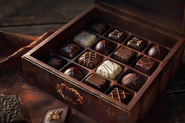 An Open Box of Luxurious Chocolates with Intricate Detail