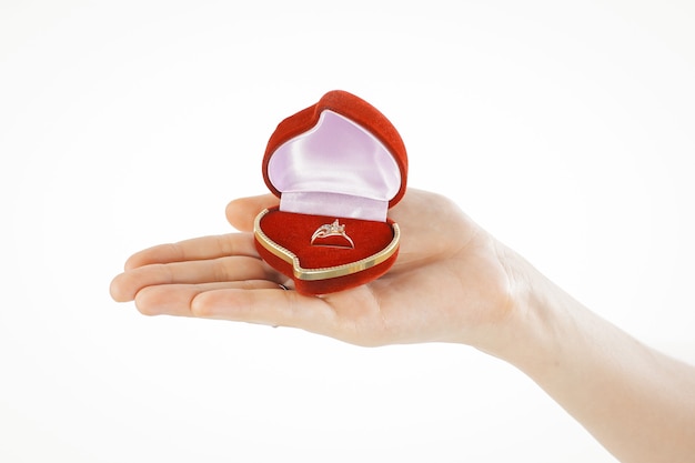 Open box with a ring in the female hand