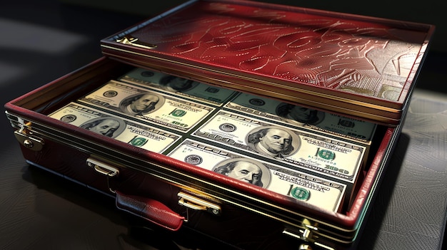 Open briefcase full of one hundred dollar bills